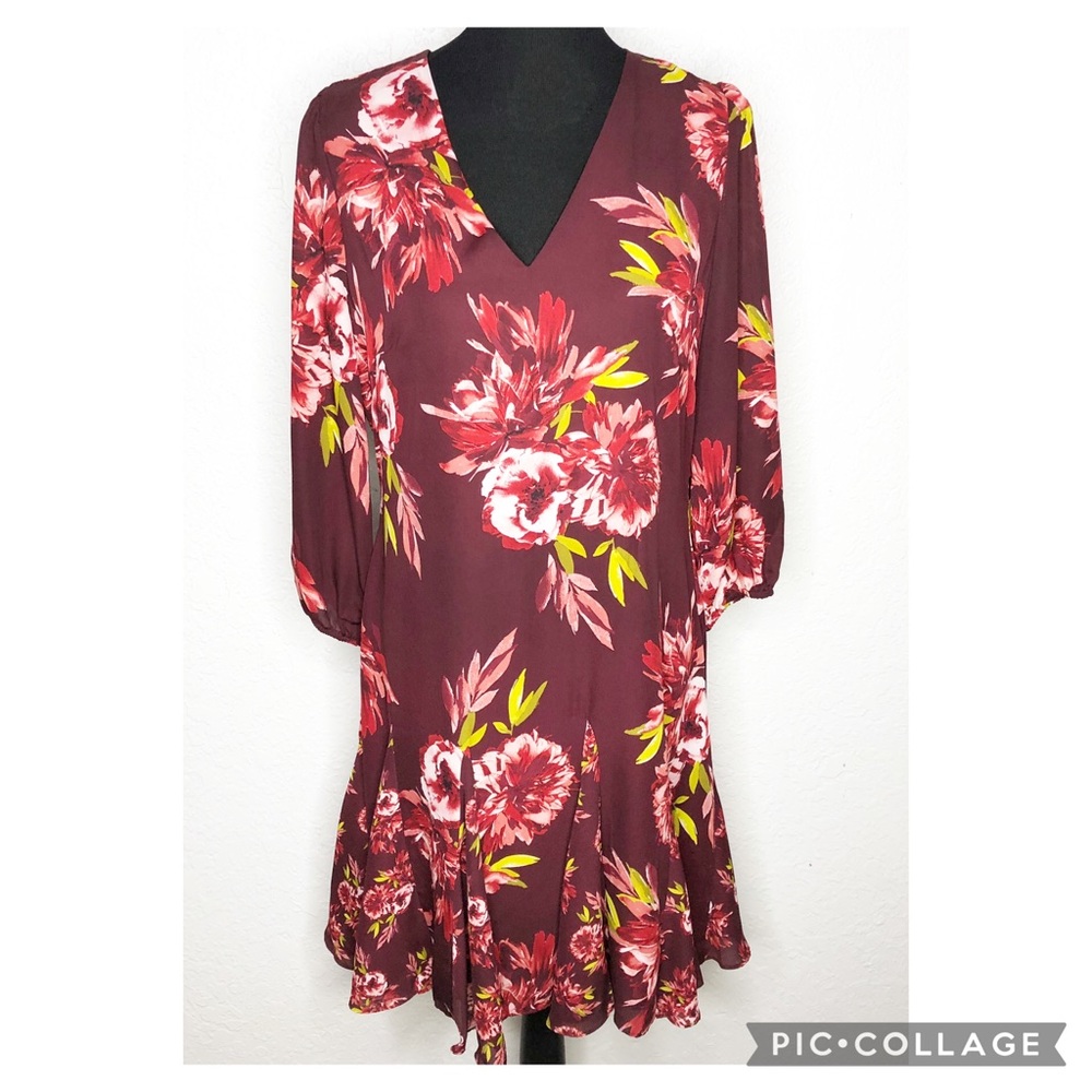 WHBM maroon wine red pink floral v neck swing hem dress size 10